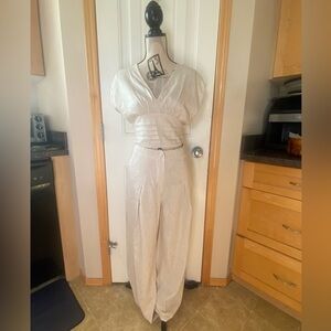Aakaa Linen blend Cream V-Neck Wide-Leg Jumpsuit with Pleated Waistband